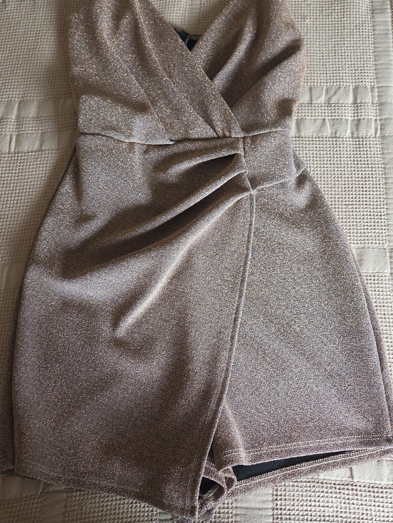 AKIRA Dresses & Skirts - AKIRA Rose Gold Shimmer Wrap Mini Dress Romper